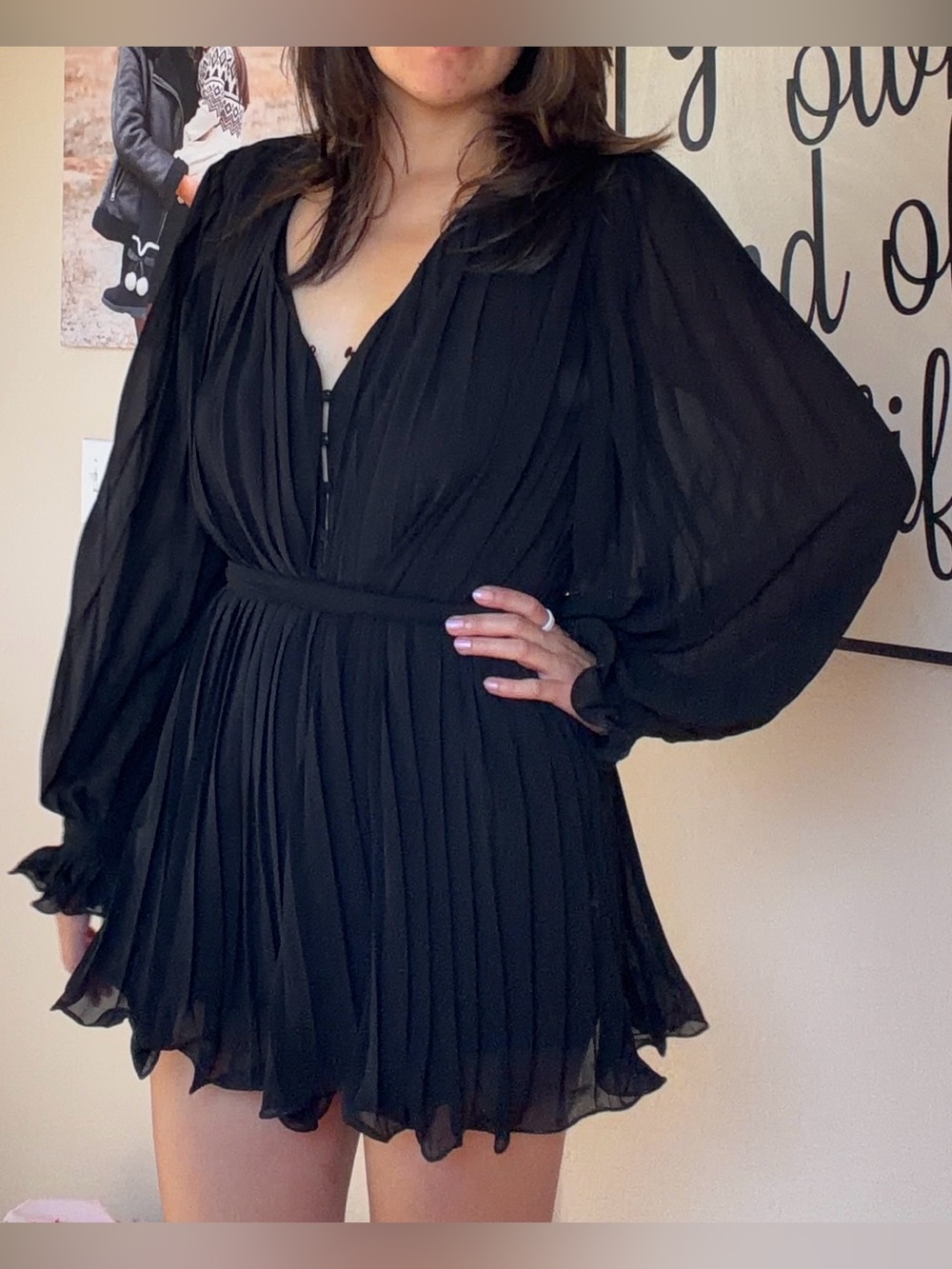 Endless Rose Black Pleated Chiffon Romper | Long Sleeve | Size S